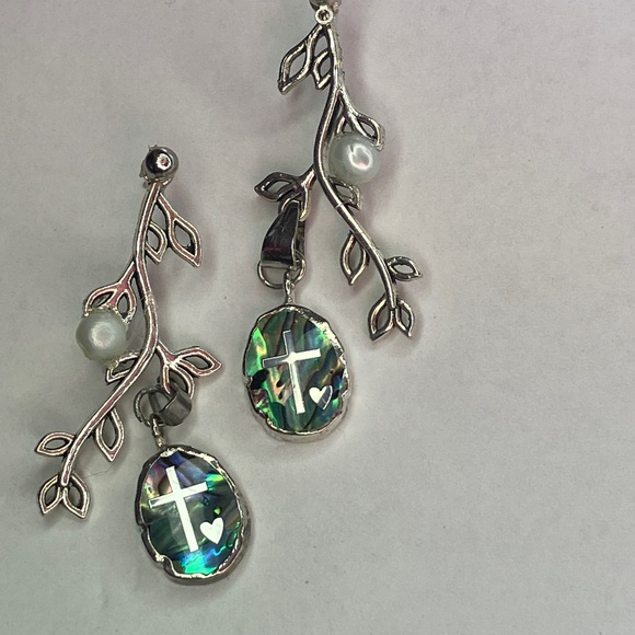 Handmade Jewelry - Handmade Silver Leaf Cross Heart earrings White pearl Aurora Barriles Charm